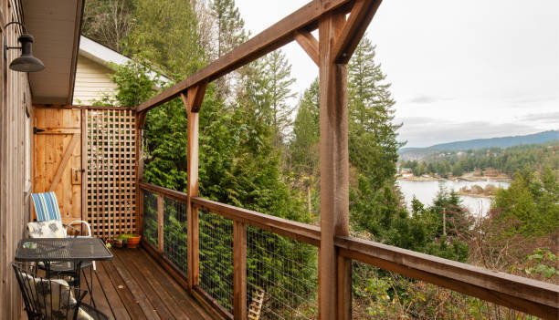 istock Wooden deck of a cabin with a scenic view 1369015553
