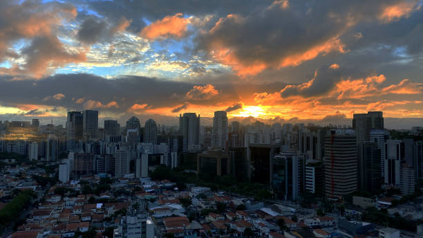 istock Night skyline with illuminated skyscrapers. 1369015998