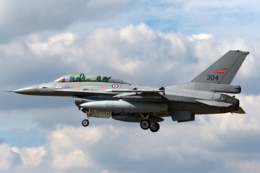 Gloucestershire, UK - July 11, 2014: Royal Norwegian Air Force General Dynamics F-16BM fighting falcon fighter aircraft on approach to land at Fairford.