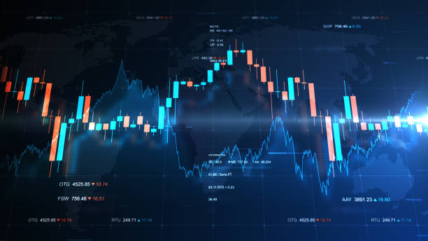 ilustracja tła finansowego z abstrakcyjnymi informacjami o giełdzie i wykresami na mapie świata i indeksach giełdowych. - finance stock exchange stock market backgrounds stock illustrations