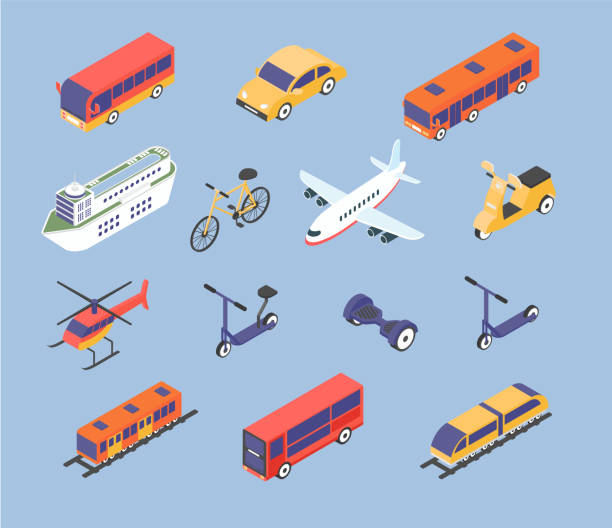 ilustraciones, imágenes clip art, dibujos animados e iconos de stock de tipos de vector isométrico de transporte - bus