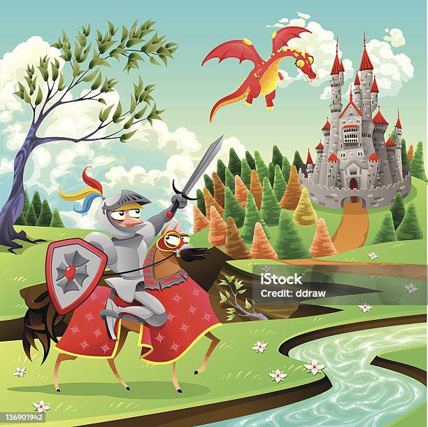 Panorama Com O Castelo Medieval O Dragão E Knight - Arte vetorial de stock e mais imagens de Cavaleiro - Papel Humano