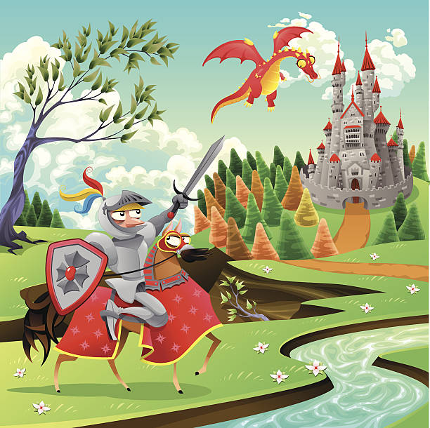 Panorama with medieval castle, dragon and knight. vector art illustration