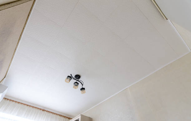istock Modest ceiling with glued ceiling tiles and a small chandelier 1369019976