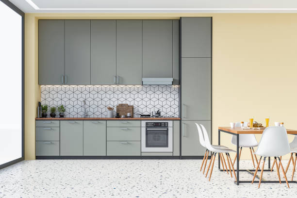 istock Modern kitchen and dining room 70's retro style 1369020028