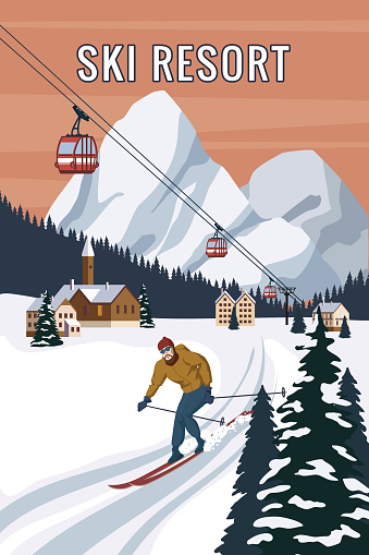 Mountain skier vintage winter resort village Alps, Switzerland. Snow landscape peaks, slopes with red gondola lift, with wooden old fashioned skis and poles. Travel retro poster, vector illustration flat style