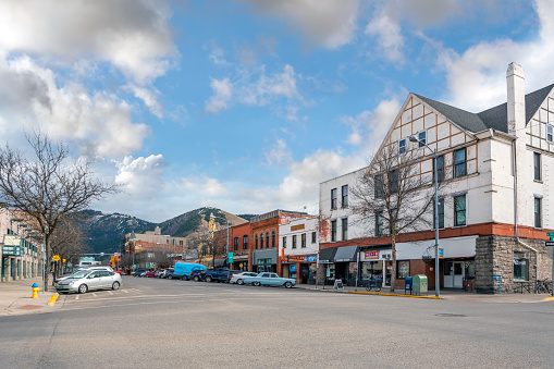 A historic main street in the town of Missoula, Montana, USA.