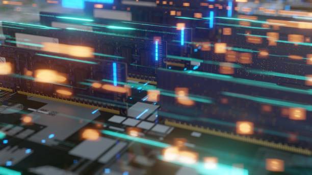 istock Futuristic circuit board with moving inside of the Computer Case. 1369028065