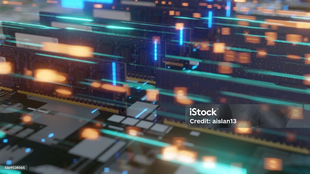 Futuristic circuit board with moving inside of the Computer Case. Quantum Stock Photo
