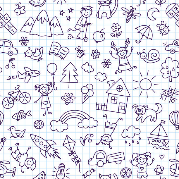 ilustrações de stock, clip art, desenhos animados e ícones de seamless pattern with doodle children, house, sun and bike. hand drawn funny little kids play, run and jump. cute children drawing. vector illustration in doodle style on squared notebook background - rainbow preschooler baby child