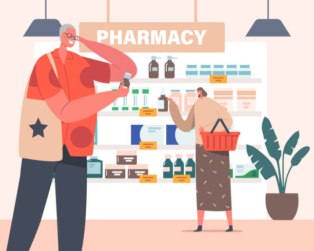 starsi mężczyźni i kobiety z wózkami sklepowymi kupują leki w sklepie aptecznym. klienci spacerujący po półkach - vitamin pill store shopping senior adult stock illustrations