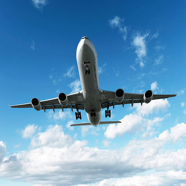 istock jet airplane landing in bright sky 136902871