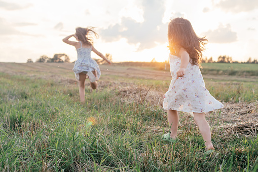 Portrait of two girls in dress back to camera, playing game of catch and running on grass hay field paths of dry grass in the sunset. Forest on background. Cloudy sunny sky. Haying time, Side view