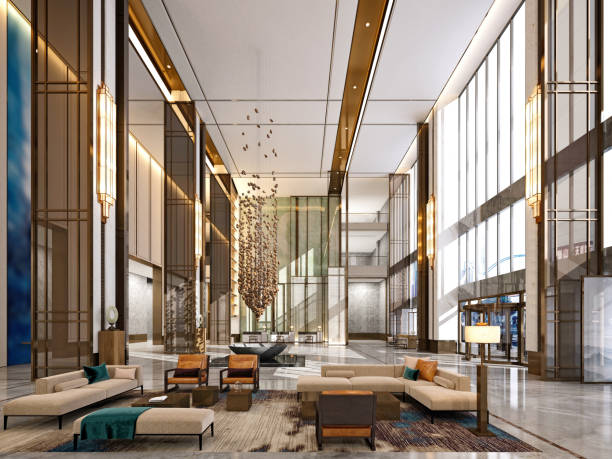 3d-rendering der luxushotellobby und -rezeption - luxushotel stock-fotos und bilder