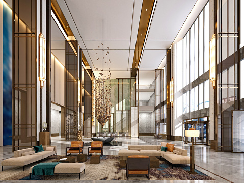 3D Render of Luxury Hotel Lobby and Reception