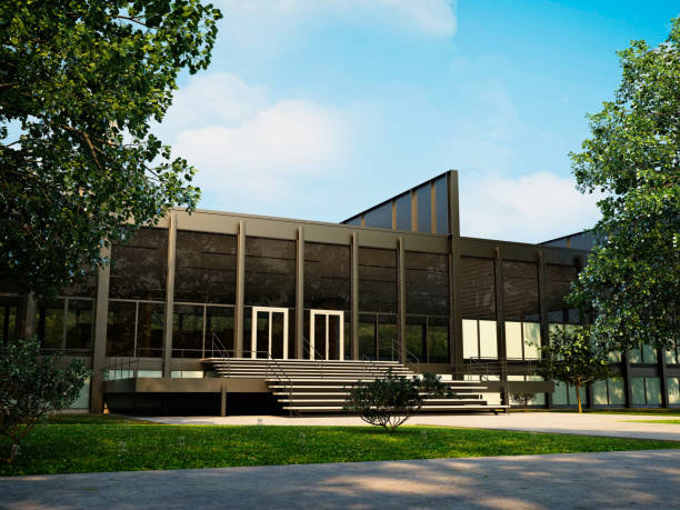 istock 3d render. Modern building entrance exterior with greenery. 1369030898