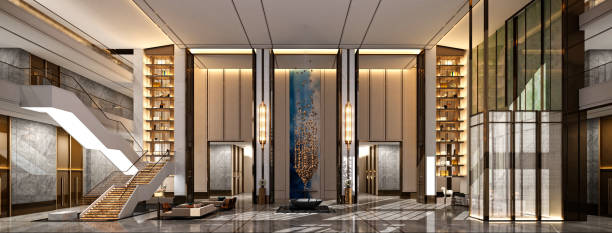 3d render luksusowego holu hotelowego i recepcji - hotel reception lobby hotel luxury zdjęcia i obrazy z banku zdjęć