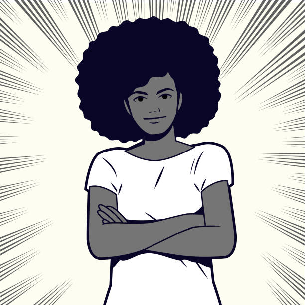 Young black woman with afro hairstyle in casual clothes with crossed arms looking into the distance, front view, comics effects lines background Manga Style Vector Art Illustration.
Young black woman with afro hairstyle in casual clothes with crossed arms looking into the distance, front view, comics effects lines background. black and white anime girl stock illustrations