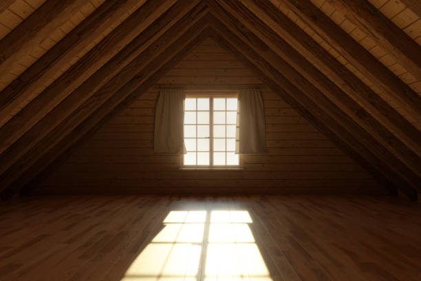3d rendering of wooden attic room with bright light at window