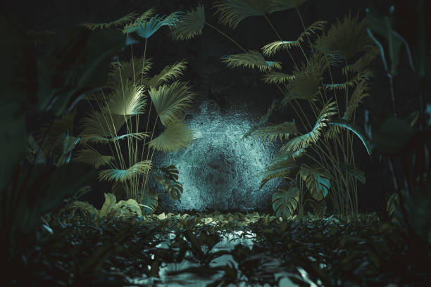 3d rendering of tropical backdrop with light spot surrounded by jungle trees