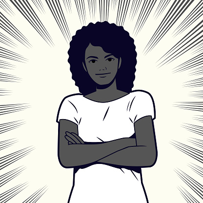 Young black woman with afro hairstyle in casual clothes with crossed arms looking into the distance, front view, comics effects lines background