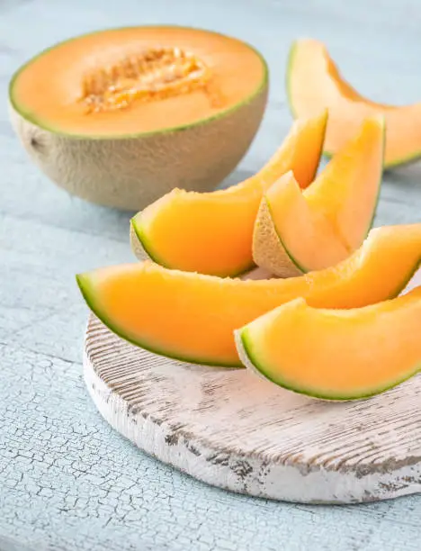 Cross section of Cantaloupe melon flat lay