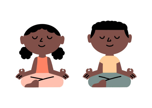 African American children meditate in the lotus position, a meditation concept. Cute characters. Hand drawn, vector illustration. African American children meditate in the lotus position, a meditation concept. Cute characters. Hand drawn, vector illustration. kid sitting cross legged stock illustrations