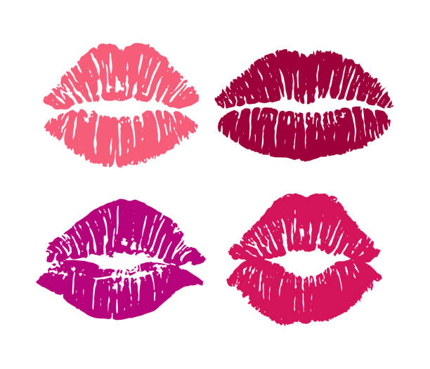 ilustrações de stock, clip art, desenhos animados e ícones de set of female different lipstick kiss print isolated on white background. - lipstick kiss