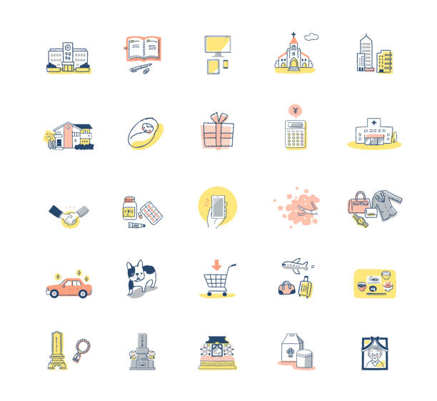A set of illustrations of various lifestyle icons Life scenes, icons, items, life multiple churches stock illustrations