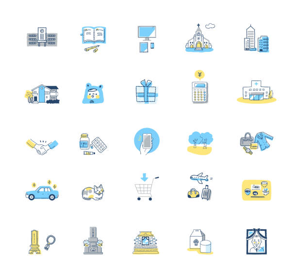 A set of illustrations of various lifestyle icons Life scenes, icons, items, life multiple churches stock illustrations