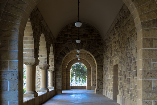 Palo Alto, California - February 6, 2022: Empty cloister in mission-inspired style at Stanford University