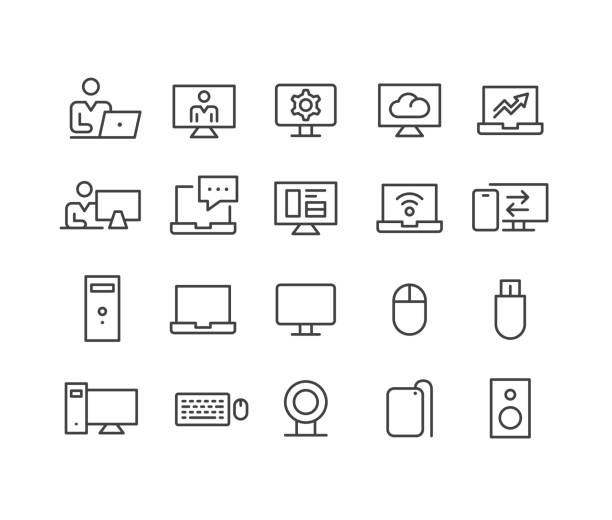 Using Computers Icons Set - Classic Line Series Editable Stroke - Using Computers - Line Icons image technique stock illustrations