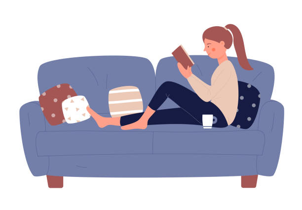 девушка отдыхает на диване с чтением увлекательной книги - book paper sheet school children stock illustrations