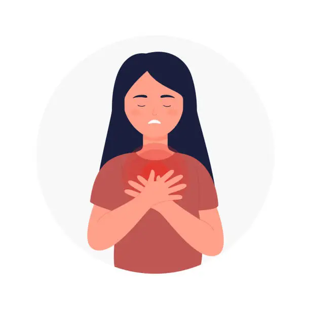 Vector illustration of Sick girl with chest pain attack and breathing discomfort