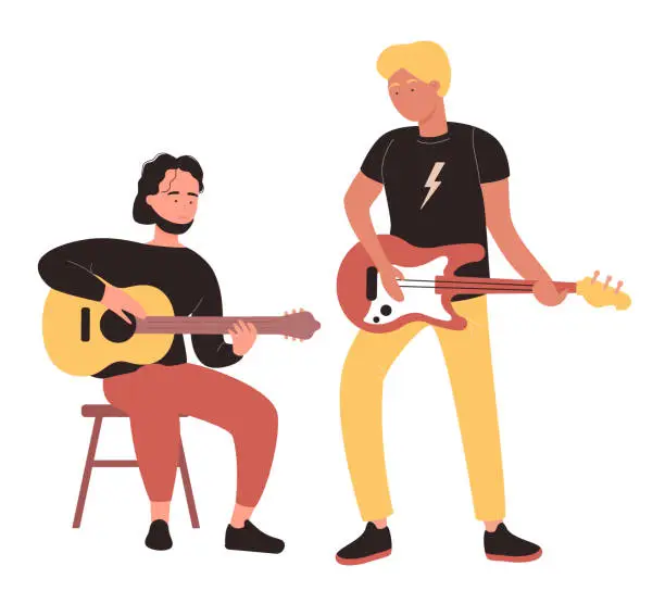 Vector illustration of Musical band playing on guitar instrument