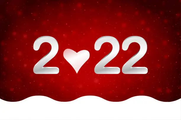Vector illustration of White colored text 2022 and a heart over dark bright vibrant red or maroon horizontal festive glowing glittering smudged vector backgrounds for love theme Valentine Day greeting cards, posters and banners with a wave pattern border at the bottom