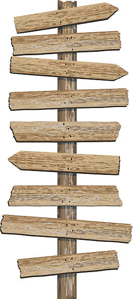 Old Grungy Woodgrain Textured Directional Sign with multiple planks Old Driftwood Directional Sign. Old signpost. Old West Style Standing Direction Sign with Planks nailed on a 4 by 4 post. Boards are in separate groups for easy rearranging and editing. The woodgrain planks are various lengths three have a pointy arrow edge and six have rough cut edges. driftwood stock illustrations