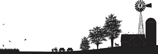 Farm Scene Black silhouette with Buildings,Windmill, Trees and Tractor Farm Scene done in Black silhouette with barn Building,Windmill, Trees,Tractor,silo and partial field.  The scene is horizontally laid-out. The farm tractor is pulling two hay wagons full on hay. The farm agriculture scene is isolated on white. farm silhouettes stock illustrations