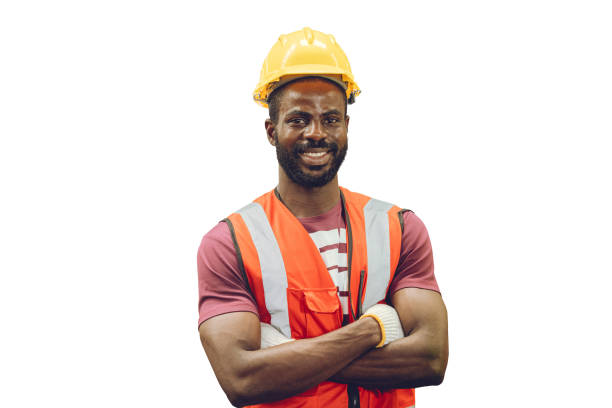 istock Portrait African black worker standing smile isolated on white background 1369061523