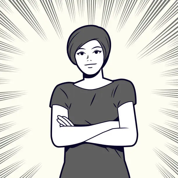 Vector illustration of Young beautiful woman with short hair, arms crossed, wearing casual clothes, looking at the camera, comics effects lines background