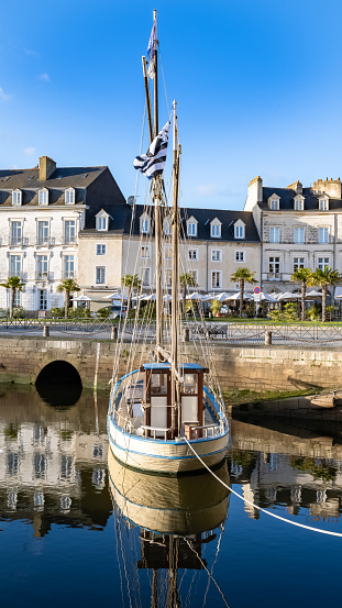 Vannes in Brittany, a traditional boat in the harbor in winter