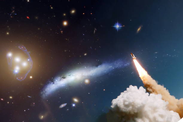istock Rockets launch into space on the starry sky. Rocket starts into space concept.Elements of this image furnished by NASA 1369066152