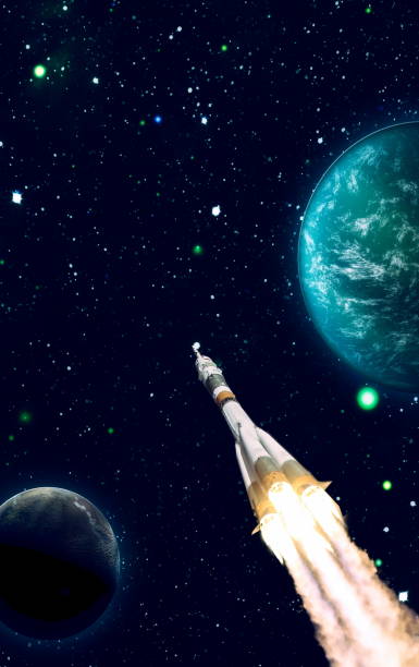 istock shuttle launch in the clouds to outer space. Dark space with stars on background.Spaceship flight. Elements of this image furnished by NASA 1369066342