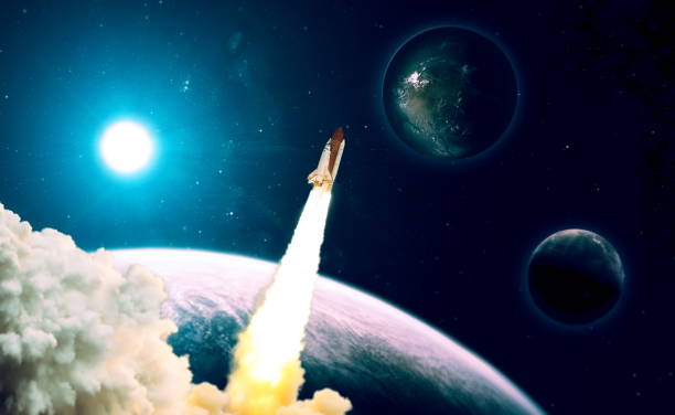 istock shuttle launch in the clouds to outer space. Dark space with stars on background.Spaceship flight. Elements of this image furnished by NASA 1369066344