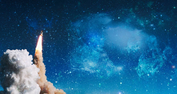 istock Spaceship flight. Starry sky and blue galactics. View on space shuttle and milky way. Elements of this image furnished by NASA 1369066479