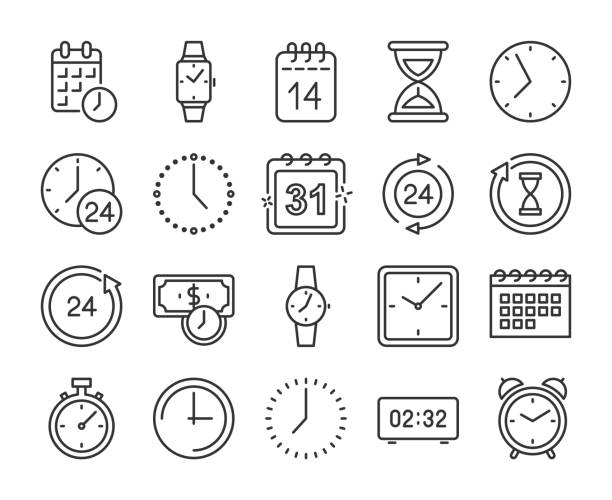 ilustraciones, imágenes clip art, dibujos animados e iconos de stock de iconos de reloj. conjunto de iconos de línea de fecha y hora. trazo editable. - clock face alarm clock clock minute hand