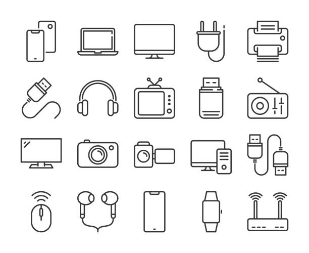 Electronic devices icons. Technology devices line icon set. Editable Stroke. Electronic devices icons. Technology devices line icon set. Editable Stroke. computer network router communication internet stock illustrations