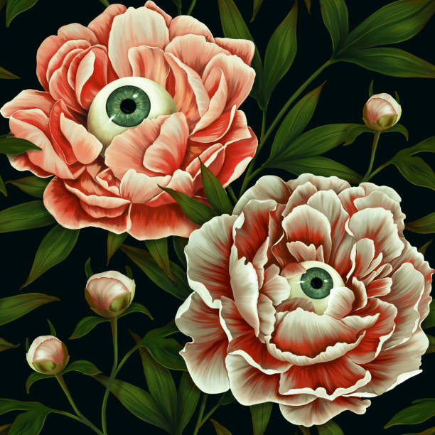 Mystical seamless pattern. Mysterious wallpapers, fantastic flowers. Floral dark background. Peonies, eyes, horrors. Vintage hand drawn flowers, buds, leaves Mystical seamless pattern. Mysterious wallpapers, fantastic flowers. Floral dark background. Peonies, eyes, horrors. Vintage hand drawn flowers, buds, leaves for wallpapers, fabrics, banners, blogs magic eye pattern stock illustrations