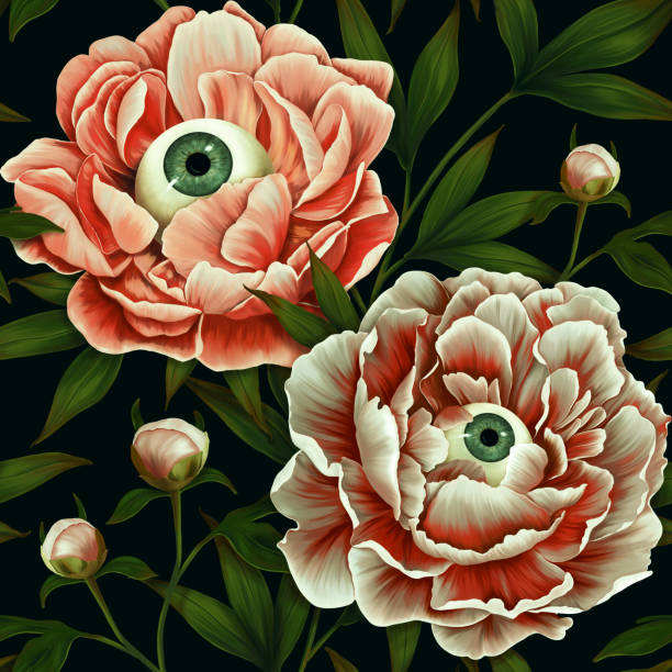 Mystical seamless pattern. Mysterious wallpapers, fantastic flowers. Floral dark background. Peonies, eyes, horrors. Vintage hand drawn flowers, buds, leaves Mystical seamless pattern. Mysterious wallpapers, fantastic flowers. Floral dark background. Peonies, eyes, horrors. Vintage hand drawn flowers, buds, leaves for wallpapers, fabrics, banners, blogs tattoo seamless texture stock illustrations