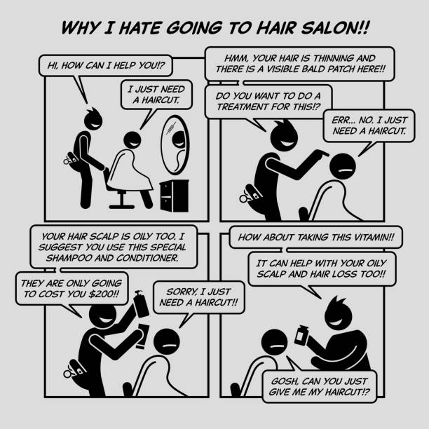 illustrations, cliparts, dessins animés et icônes de drôle de bande dessinée. pourquoi je déteste aller au salon de coiffure. - hairdresser human hair hairstyle hair care